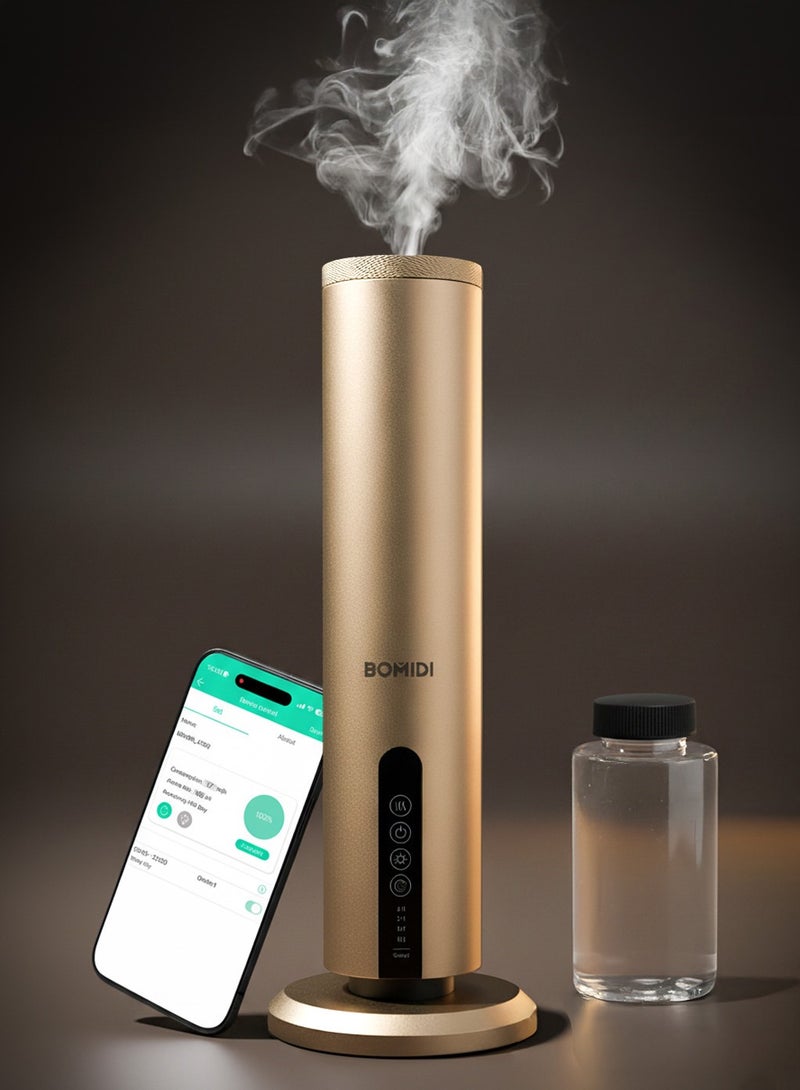 BOMIDI جهاز توزيع العطور بدون ماء مع 120 مل من زيت خشب الصندل العطري – جهاز رائحة ذكي بتقنية البلوتوث وشاشة تعمل باللمس للاستخدام المنزلي والمكتبي والتجاري (تقنية فينتوري، تغطية 100م²)، BOMIDI AD02 ذهبى - Image 1